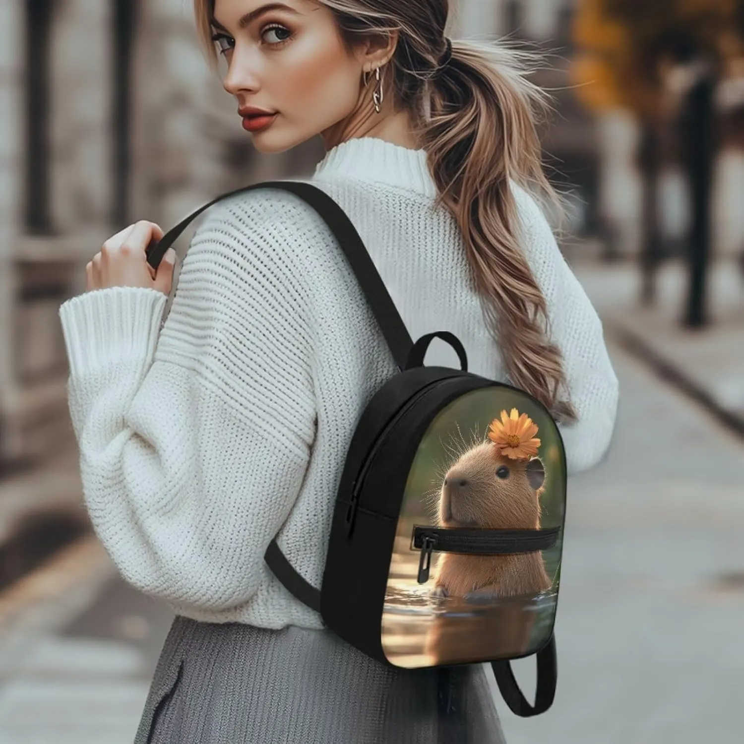 Capybara Floral Women's Backpack Small Size Durable Polyester Mini Rucksack, Lightweight Daypack for Travel, Work, Sports