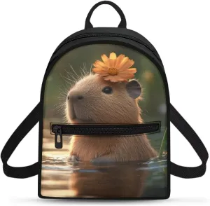 Capybara Floral Women's Backpack Small Size Durable Polyester Mini Rucksack, Lightweight Daypack for Travel, Work, Sports
