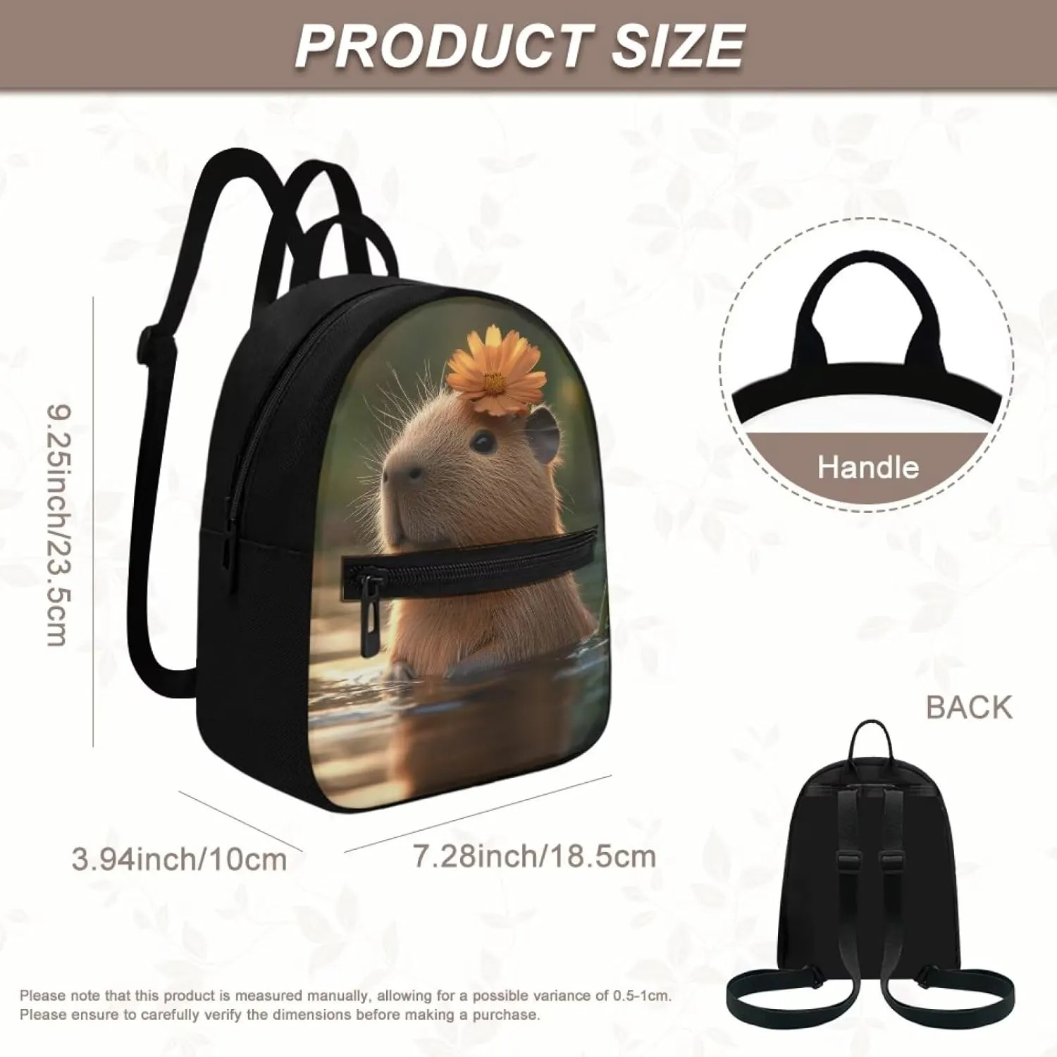 Capybara Floral Women's Backpack Small Size Durable Polyester Mini Rucksack, Lightweight Daypack for Travel, Work, Sports