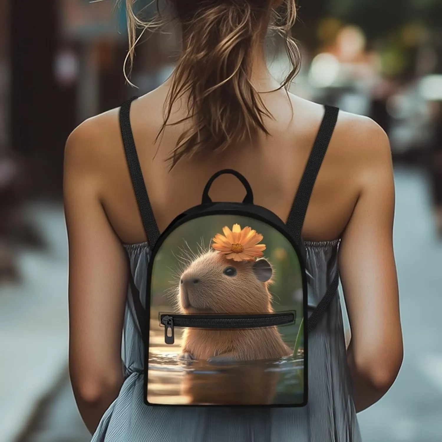 Capybara Floral Women's Backpack Small Size Durable Polyester Mini Rucksack, Lightweight Daypack for Travel, Work, Sports