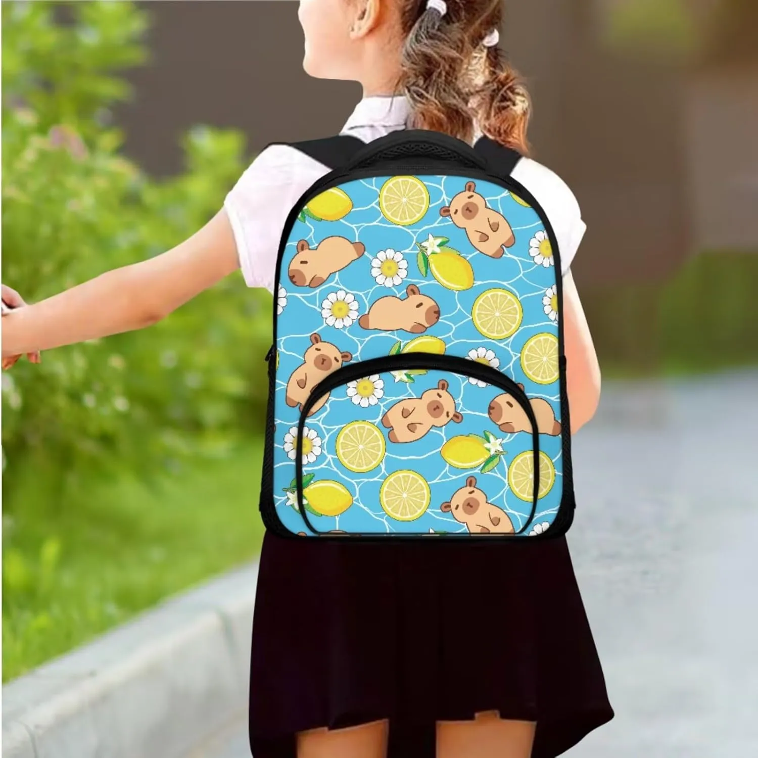 Capybara Girls Bookbags with Lunch Box and Pencil Case Cute Backpacks for Little Girls for Primary School with Adjustable Straps Reusable Sturdy 3PCS Back Pack Set