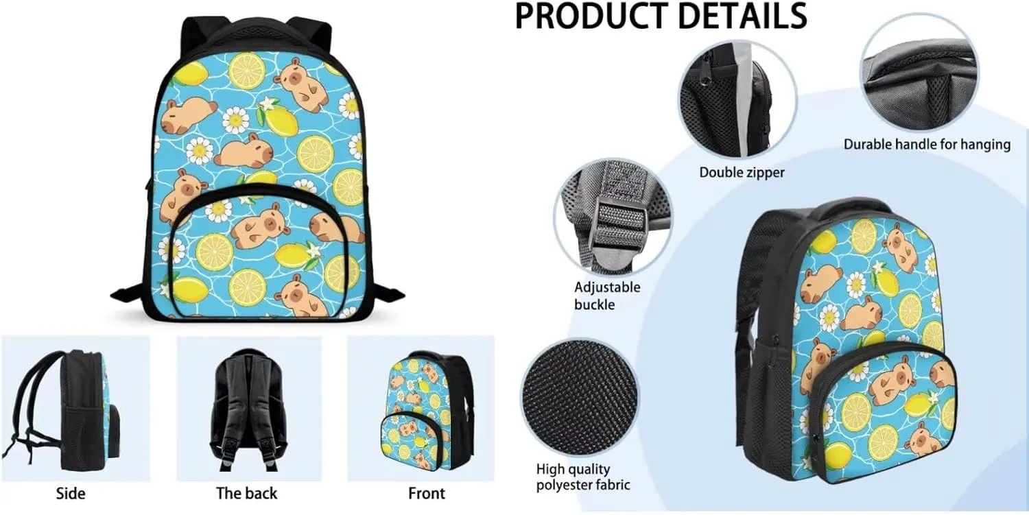 Capybara Girls Bookbags with Lunch Box and Pencil Case Cute Backpacks for Little Girls for Primary School with Adjustable Straps Reusable Sturdy 3PCS Back Pack Set