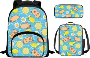 Capybara Girls Bookbags with Lunch Box and Pencil Case Cute Backpacks for Little Girls for Primary School with Adjustable Straps Reusable Sturdy 3PCS Back Pack Set