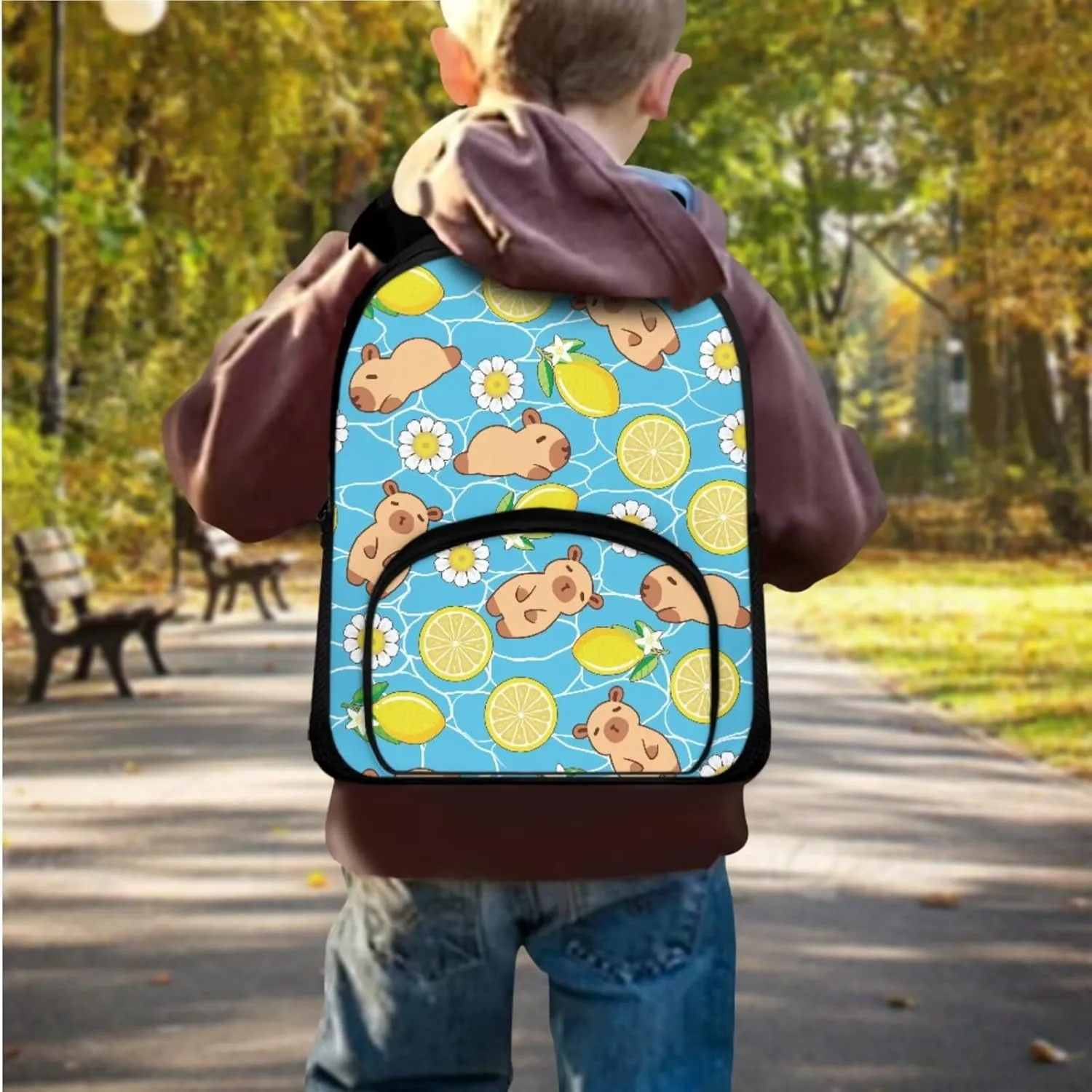 Capybara Girls Bookbags with Lunch Box and Pencil Case Cute Backpacks for Little Girls for Primary School with Adjustable Straps Reusable Sturdy 3PCS Back Pack Set