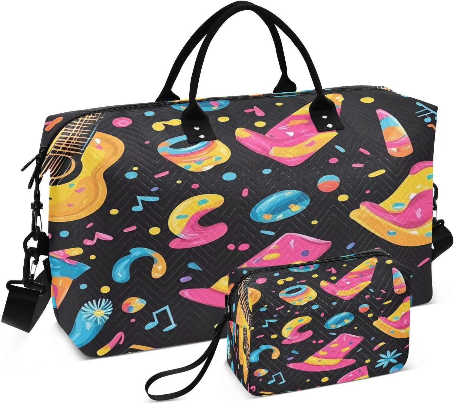 Carnival Guitar and Hat Travel Duffel Bags 2PCS,Sports Duffel Bags for Men Women,Weekender Overnight Bag Gym Tote Bag with Toiletry Bag