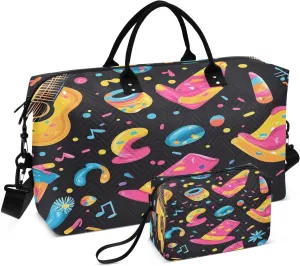Carnival Guitar and Hat Travel Duffel Bags 2PCS,Sports Duffel Bags for Men Women,Weekender Overnight Bag Gym Tote Bag with Toiletry Bag