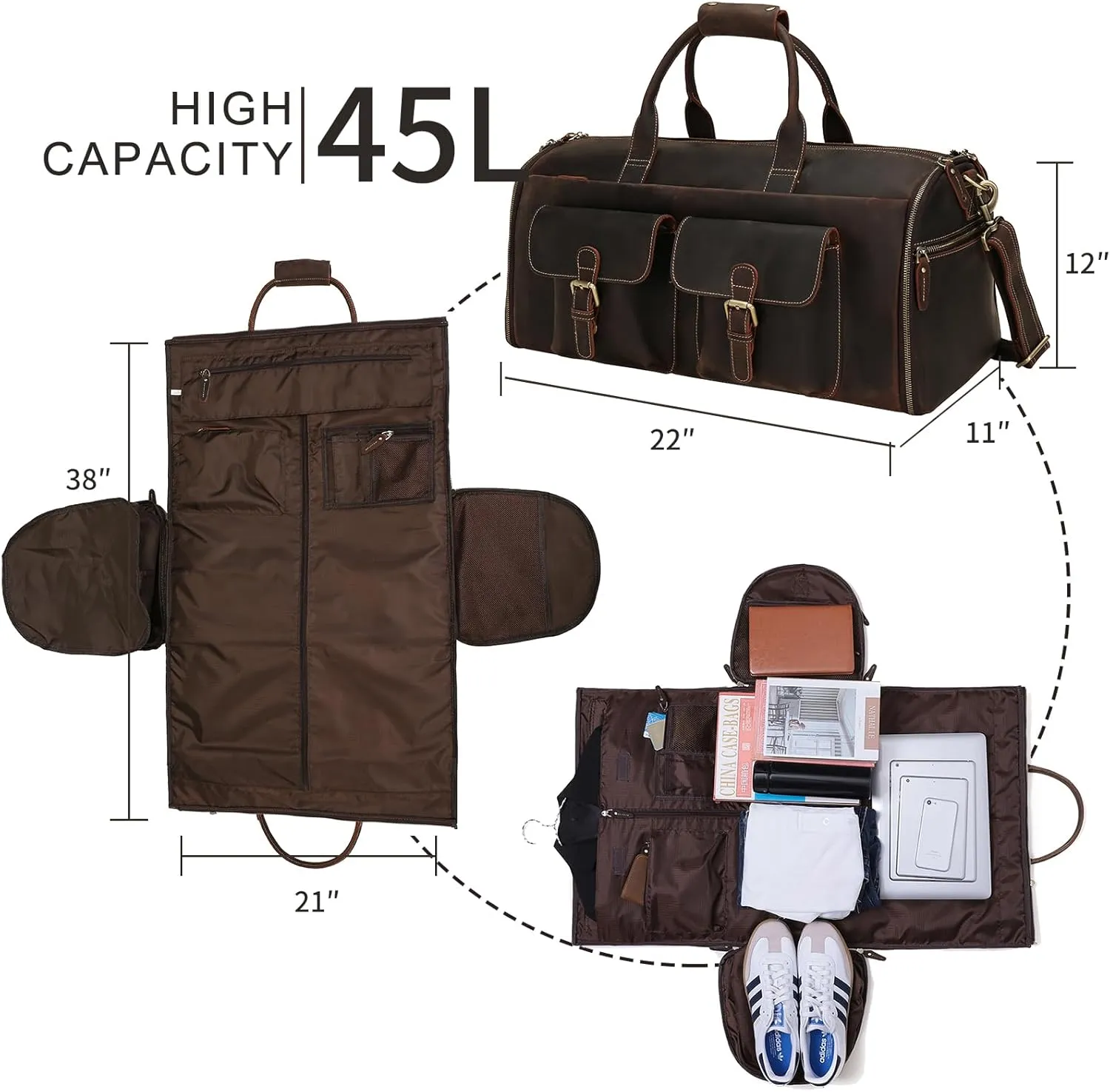 Carry On Garment Bag, Convertible Garment Bag Full Grain Leather Garment Bags for Travel with Shoe Pouch, 2 in 1 Hanging Suitcase Suit Travel Bags for Men