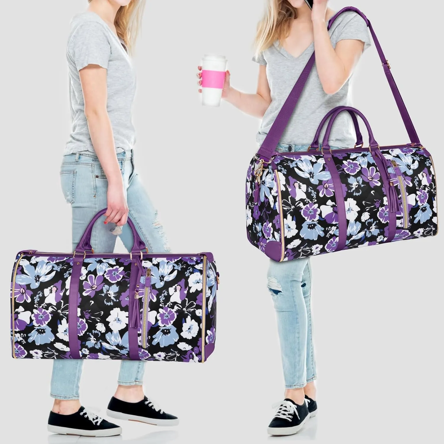 Carry On Garment Bag for Women, Convertible Garment Bag for Travel with Shoe Pouch, Water Resistant Travel Duffel Bag, 2 in 1 Hanging Suitcase Suit Travel Bags Weekender Bag, Floral
