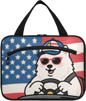 Cartoon Cute White Polar Bear 4th Of July Independence Day hanging bags for traveling women with hook, designer unisex bags with zipper for accessories must haves toilet bolso viajero para
