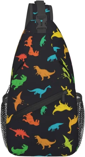 Cartoon Dinosaur Sling Bag Colorful Dinosaur Silhouettes Doodles Illustration Crossbody Backpack Cute Animal Print Chest Shoulder Bag Casual Gym Sports Travel Hiking Daypack for Women Men