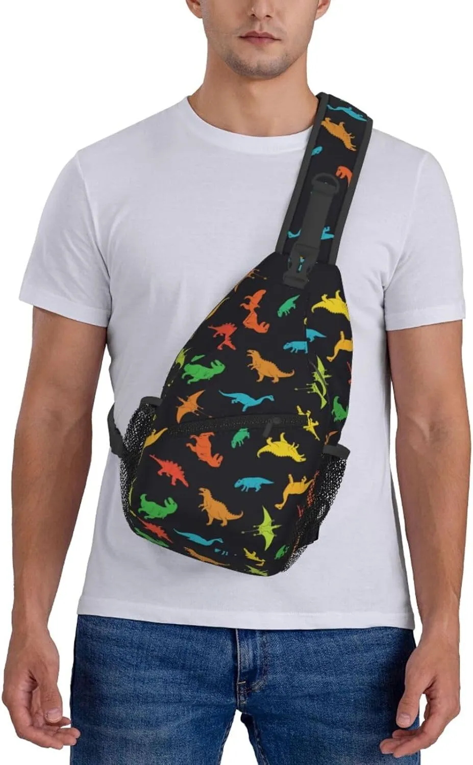 Cartoon Dinosaur Sling Bag Colorful Dinosaur Silhouettes Doodles Illustration Crossbody Backpack Cute Animal Print Chest Shoulder Bag Casual Gym Sports Travel Hiking Daypack for Women Men