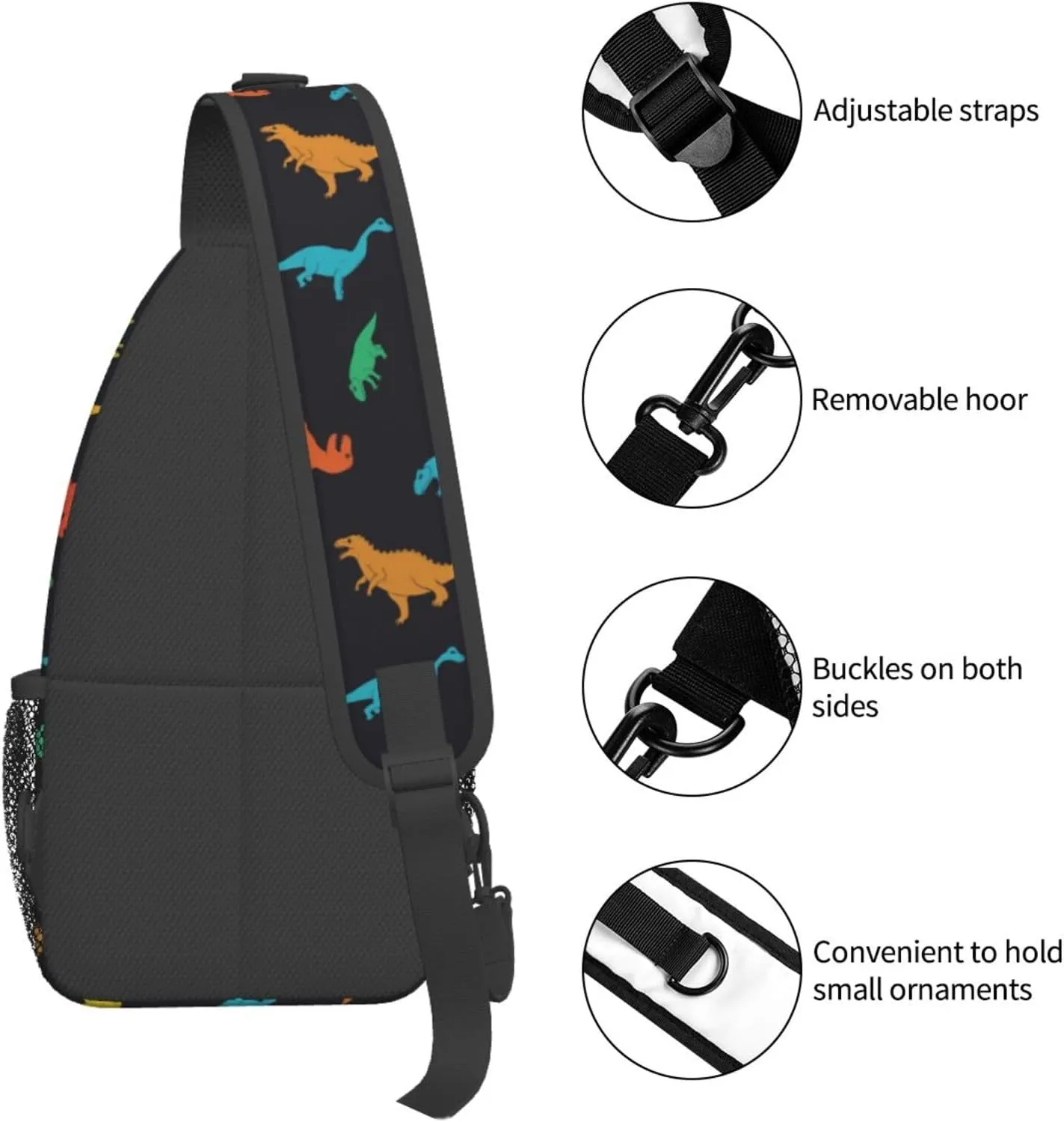 Cartoon Dinosaur Sling Bag Colorful Dinosaur Silhouettes Doodles Illustration Crossbody Backpack Cute Animal Print Chest Shoulder Bag Casual Gym Sports Travel Hiking Daypack for Women Men