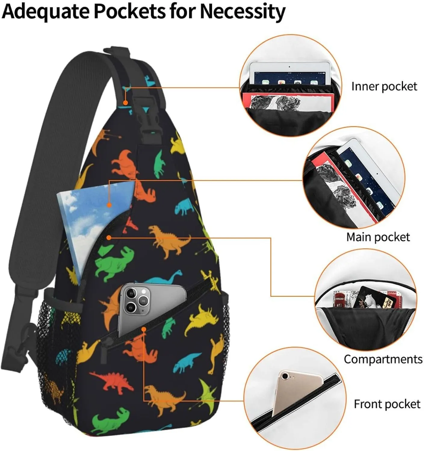 Cartoon Dinosaur Sling Bag Colorful Dinosaur Silhouettes Doodles Illustration Crossbody Backpack Cute Animal Print Chest Shoulder Bag Casual Gym Sports Travel Hiking Daypack for Women Men