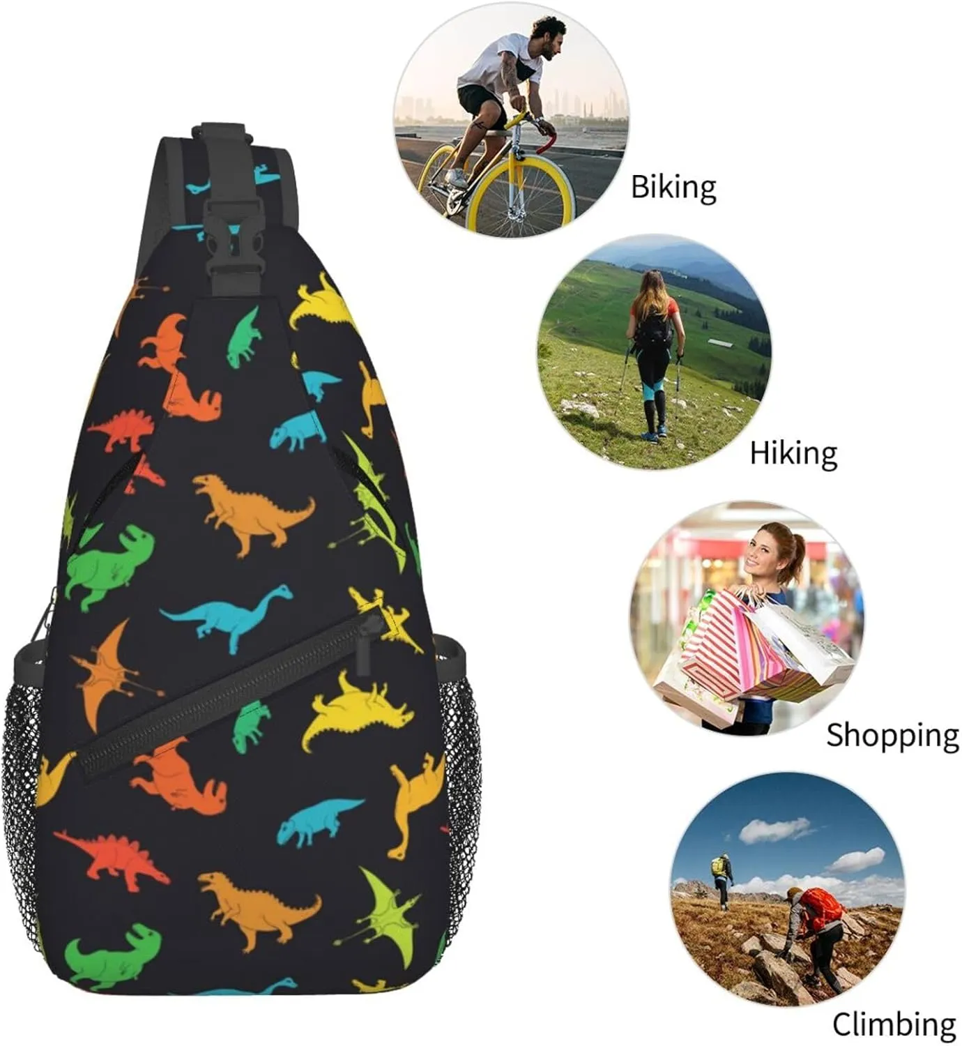 Cartoon Dinosaur Sling Bag Colorful Dinosaur Silhouettes Doodles Illustration Crossbody Backpack Cute Animal Print Chest Shoulder Bag Casual Gym Sports Travel Hiking Daypack for Women Men