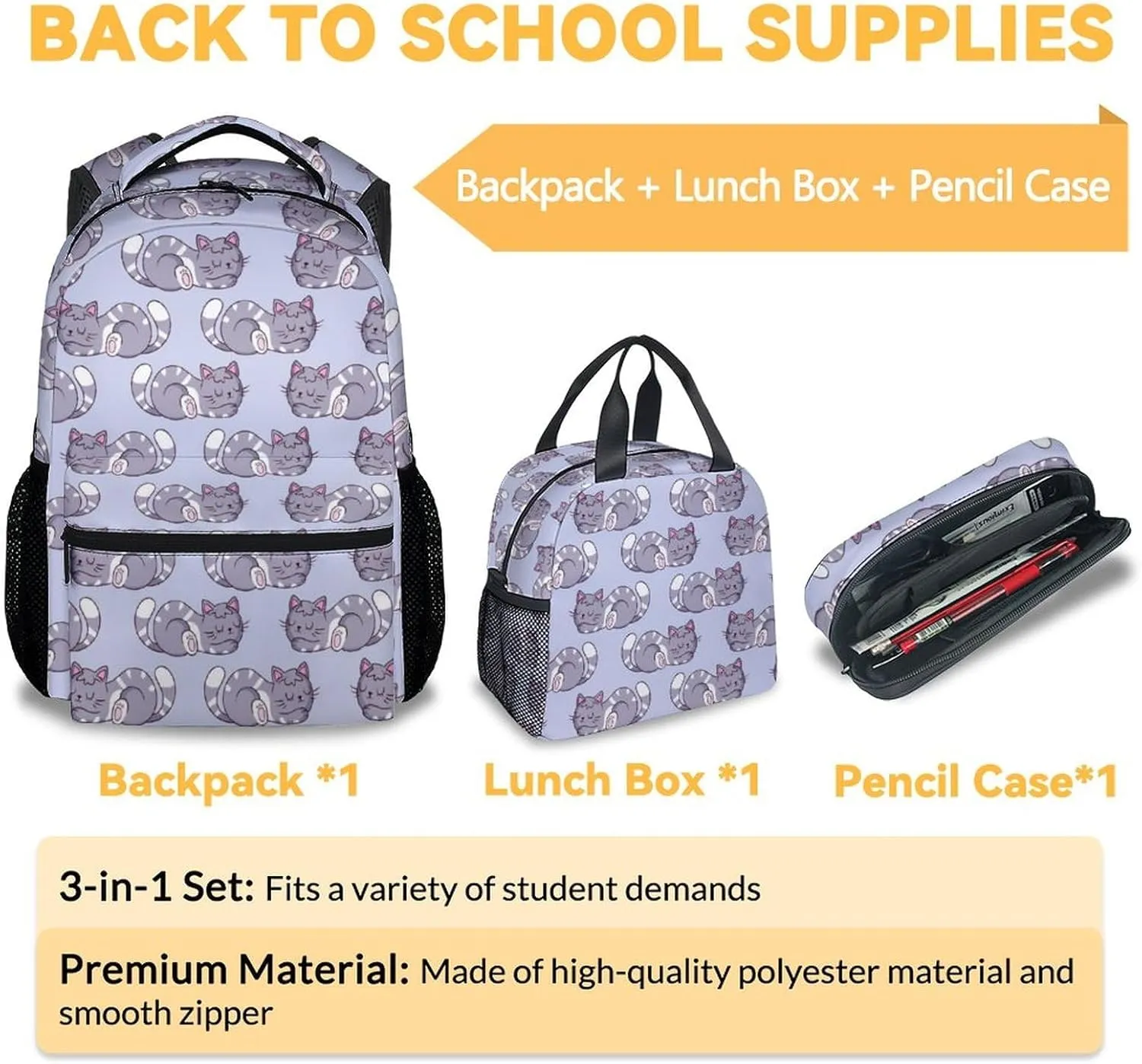 Cat Backpack with Lunch Box - Set of 3 School Backpacks Matching Combo - Aesthetic Colorful Bookbag and Pencil Case Bundle