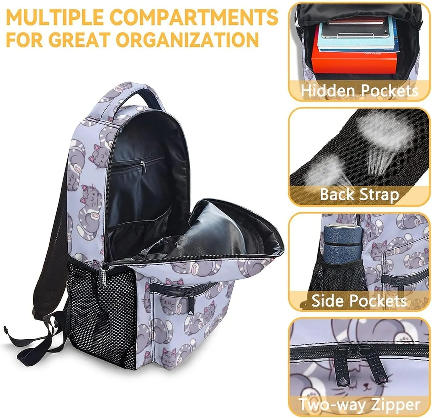Cat Backpack with Lunch Box - Set of 3 School Backpacks Matching Combo - Aesthetic Colorful Bookbag and Pencil Case Bundle