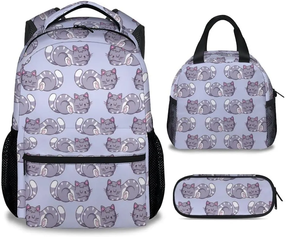 Cat Backpack with Lunch Box - Set of 3 School Backpacks Matching Combo - Aesthetic Colorful Bookbag and Pencil Case Bundle