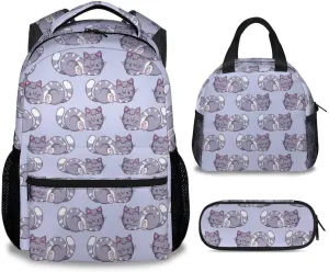 Cat Backpack with Lunch Box - Set of 3 School Backpacks Matching Combo - Aesthetic Colorful Bookbag and Pencil Case Bundle