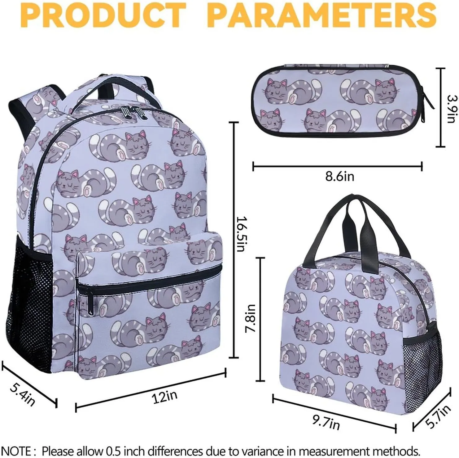 Cat Backpack with Lunch Box - Set of 3 School Backpacks Matching Combo - Aesthetic Colorful Bookbag and Pencil Case Bundle