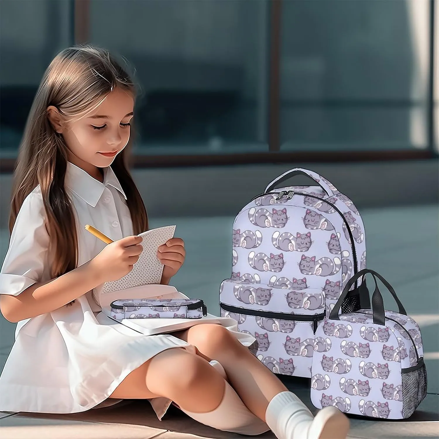 Cat Backpack with Lunch Box - Set of 3 School Backpacks Matching Combo - Aesthetic Colorful Bookbag and Pencil Case Bundle