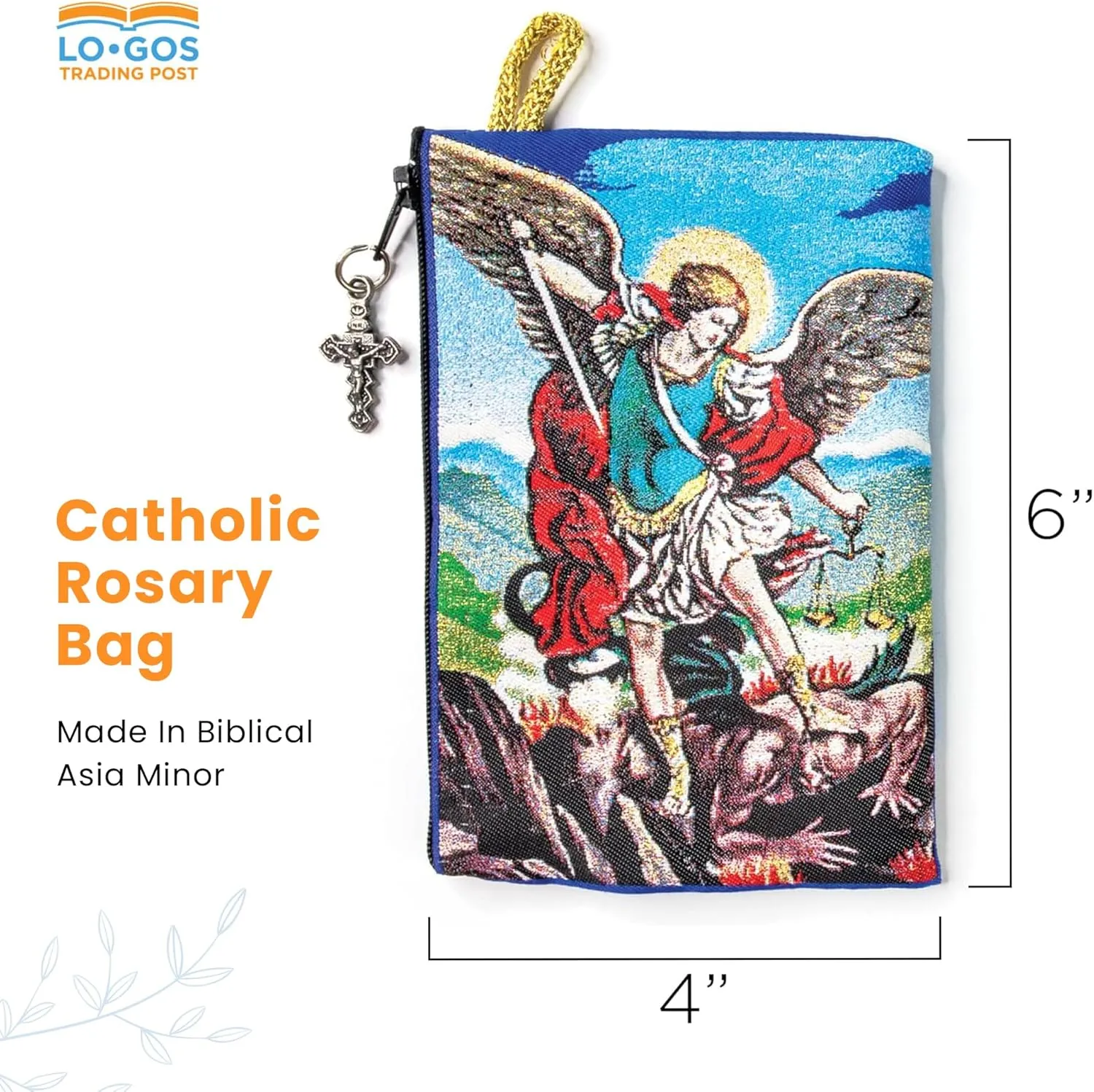 Catholic Rosary Pouch – Small Woven Archangel Michael & Saint Michael Rosary Prayer Purse From The Holy Land - Coin, Jewelry & Rosary Case w/Cross Pendant Zipper - Catholic Gifts for Women (4" x 6")