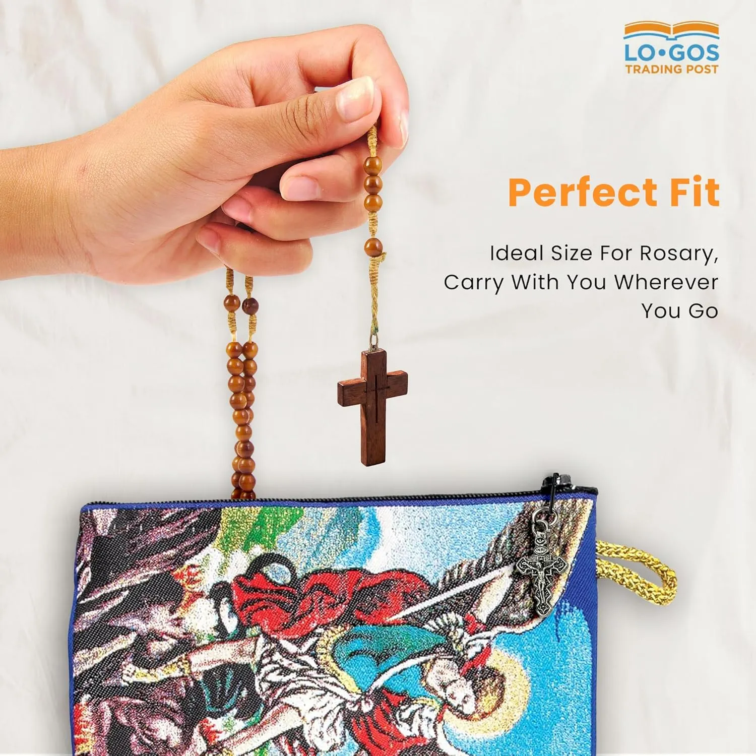 Catholic Rosary Pouch – Small Woven Archangel Michael & Saint Michael Rosary Prayer Purse From The Holy Land - Coin, Jewelry & Rosary Case w/Cross Pendant Zipper - Catholic Gifts for Women (4" x 6")