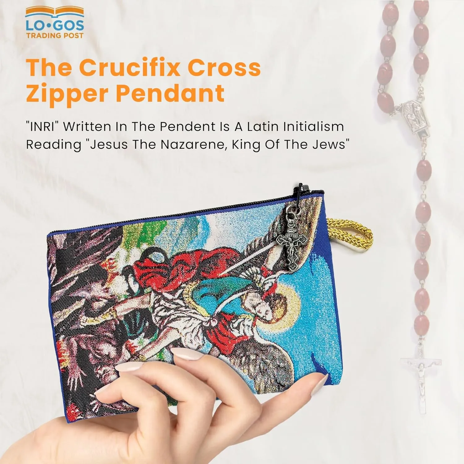 Catholic Rosary Pouch – Small Woven Archangel Michael & Saint Michael Rosary Prayer Purse From The Holy Land - Coin, Jewelry & Rosary Case w/Cross Pendant Zipper - Catholic Gifts for Women (4" x 6")