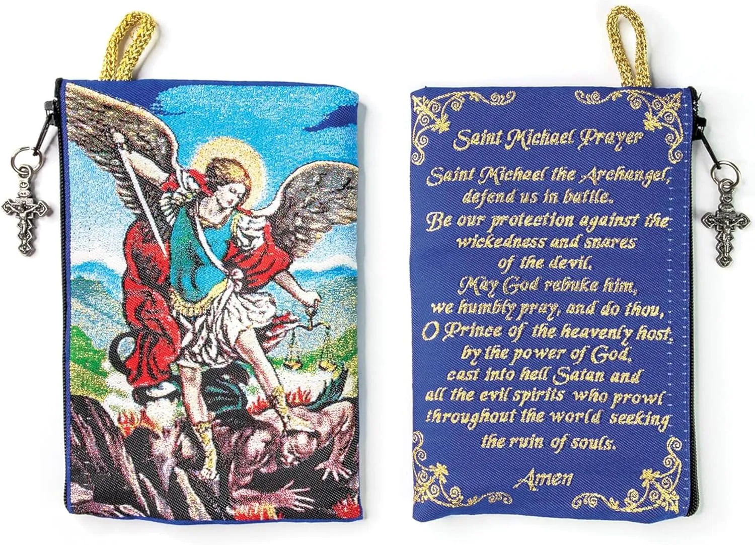 Catholic Rosary Pouch – Small Woven Archangel Michael & Saint Michael Rosary Prayer Purse From The Holy Land - Coin, Jewelry & Rosary Case w/Cross Pendant Zipper - Catholic Gifts for Women (4" x 6")