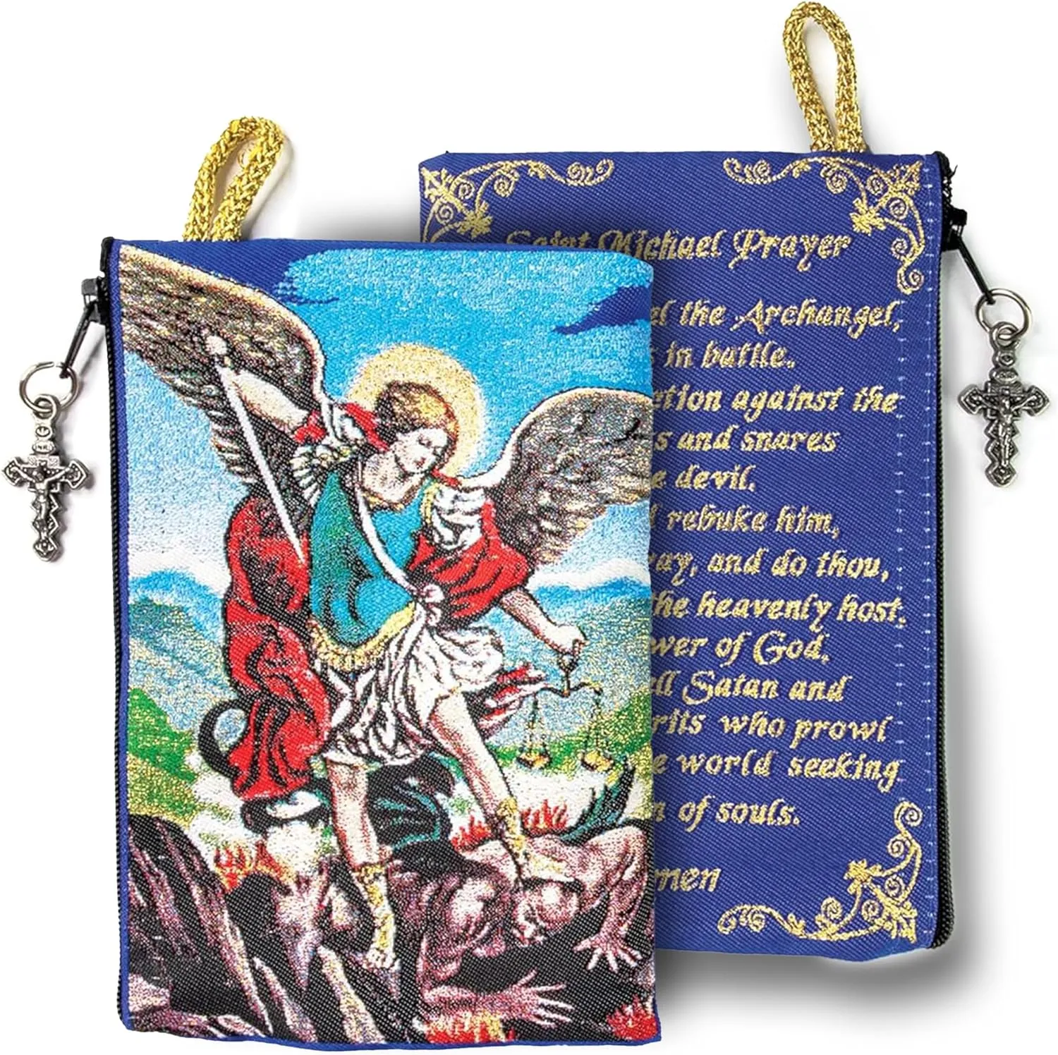 Catholic Rosary Pouch – Small Woven Archangel Michael & Saint Michael Rosary Prayer Purse From The Holy Land - Coin, Jewelry & Rosary Case w/Cross Pendant Zipper - Catholic Gifts for Women (4" x 6")