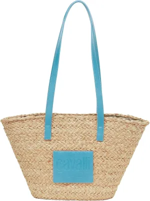 Cavalli Class CERVINIA Natural/Light Blue Medium Straw Beach Tote Bag for womens
