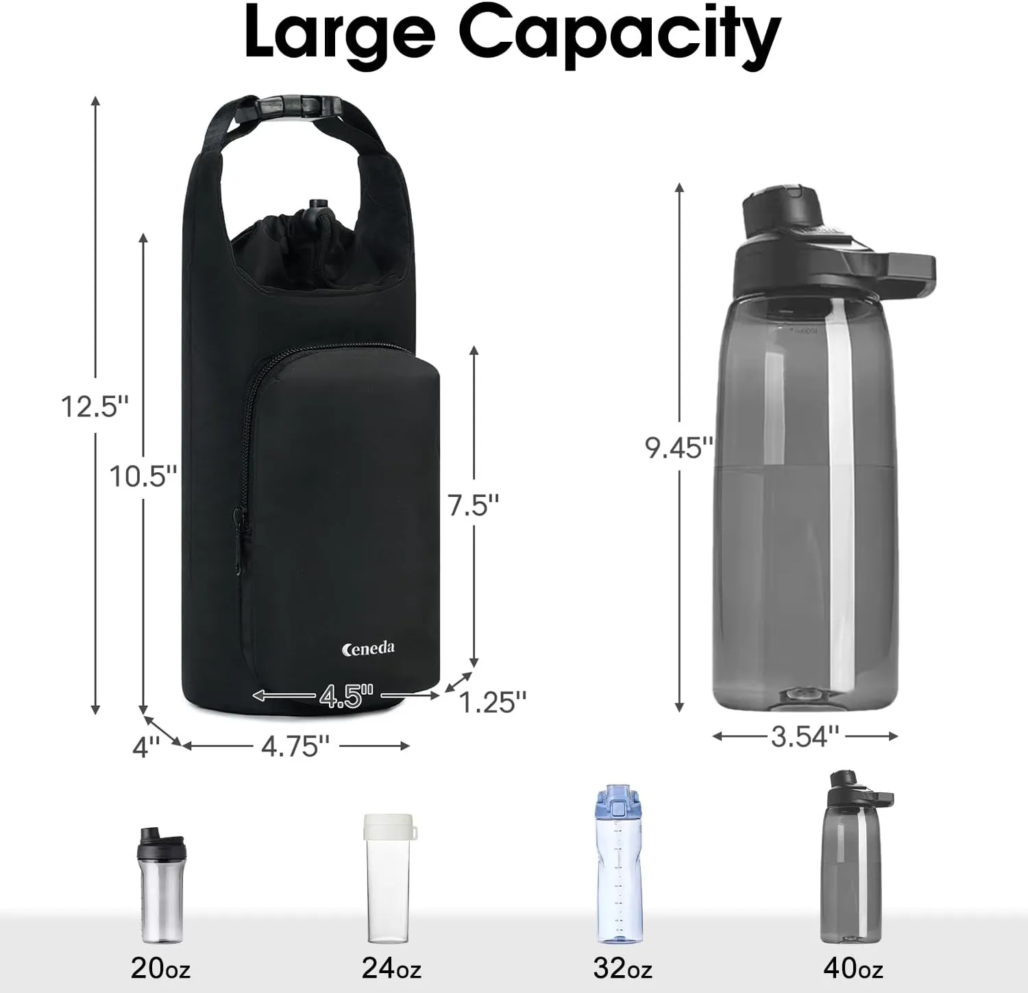 Ceneda Water Bottle Carrier Bag with Phone Pocket 32oz 40oz Tumbler Insulated Water Bottle Holder with Adjustable Shoulder Strap Carrier Sling Bag (Black)