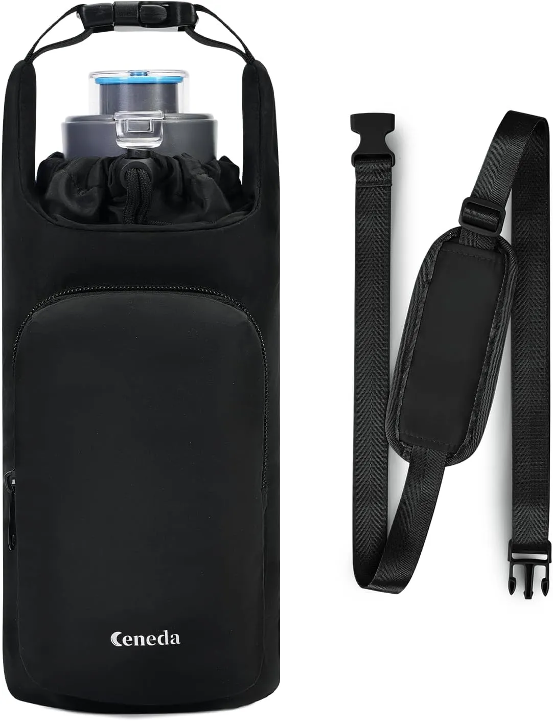 Ceneda Water Bottle Carrier Bag with Phone Pocket 32oz 40oz Tumbler Insulated Water Bottle Holder with Adjustable Shoulder Strap Carrier Sling Bag (Black)