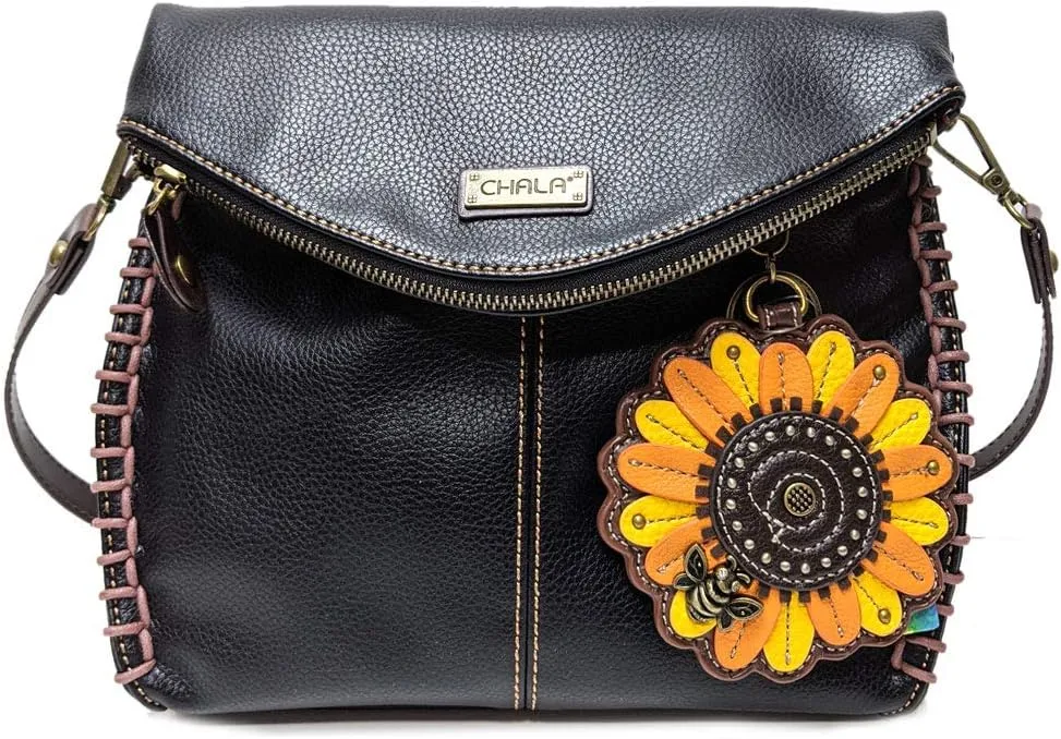 CHALA Charming Crossbody Bag With Flap Top and Zipper, Shoulder Handbag with Leather Keyfob - BLACK