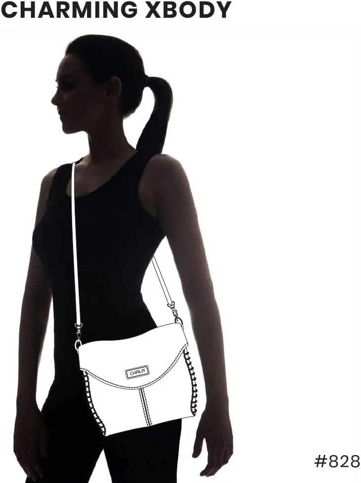 CHALA Charming Crossbody Bag With Flap Top and Zipper, Shoulder Handbag with Leather Keyfob - BLACK