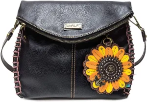 CHALA Charming Crossbody Bag With Flap Top and Zipper, Shoulder Handbag with Leather Keyfob - BLACK