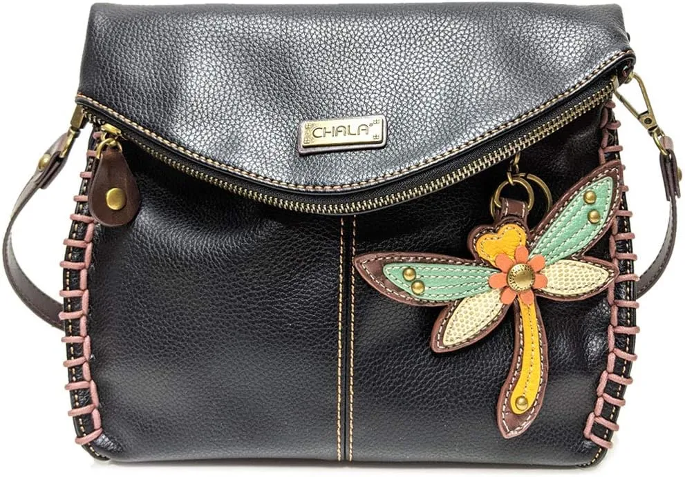 CHALA Charming Crossbody Bag With Flap Top and Zipper, Shoulder Handbag with Leather Keyfob - BLACK