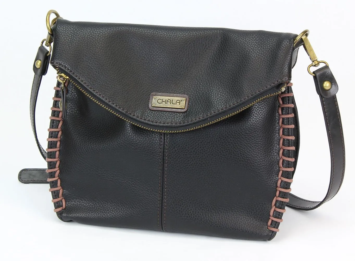 CHALA Charming Crossbody Bag With Flap Top and Zipper, Shoulder Handbag with Leather Keyfob - BLACK