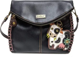 CHALA Charming Crossbody Bag With Flap Top and Zipper, Shoulder Handbag with Leather Keyfob - BLACK