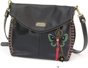 Chala Charming Crossbody Bag with Zipper Flap Top and Metal Chain - Black (Teal Butterfly)