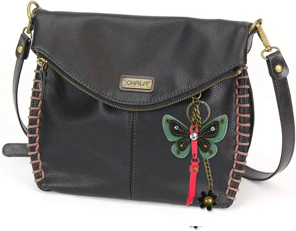 Chala Charming Crossbody Bag with Zipper Flap Top and Metal Chain - Black (Teal Butterfly)
