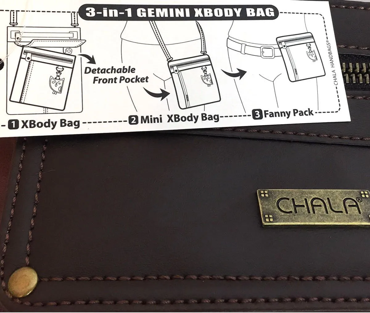 CHALA GEMINI Crossbody Faux Leather Gift Messenger Bag with Double Zip Wallet