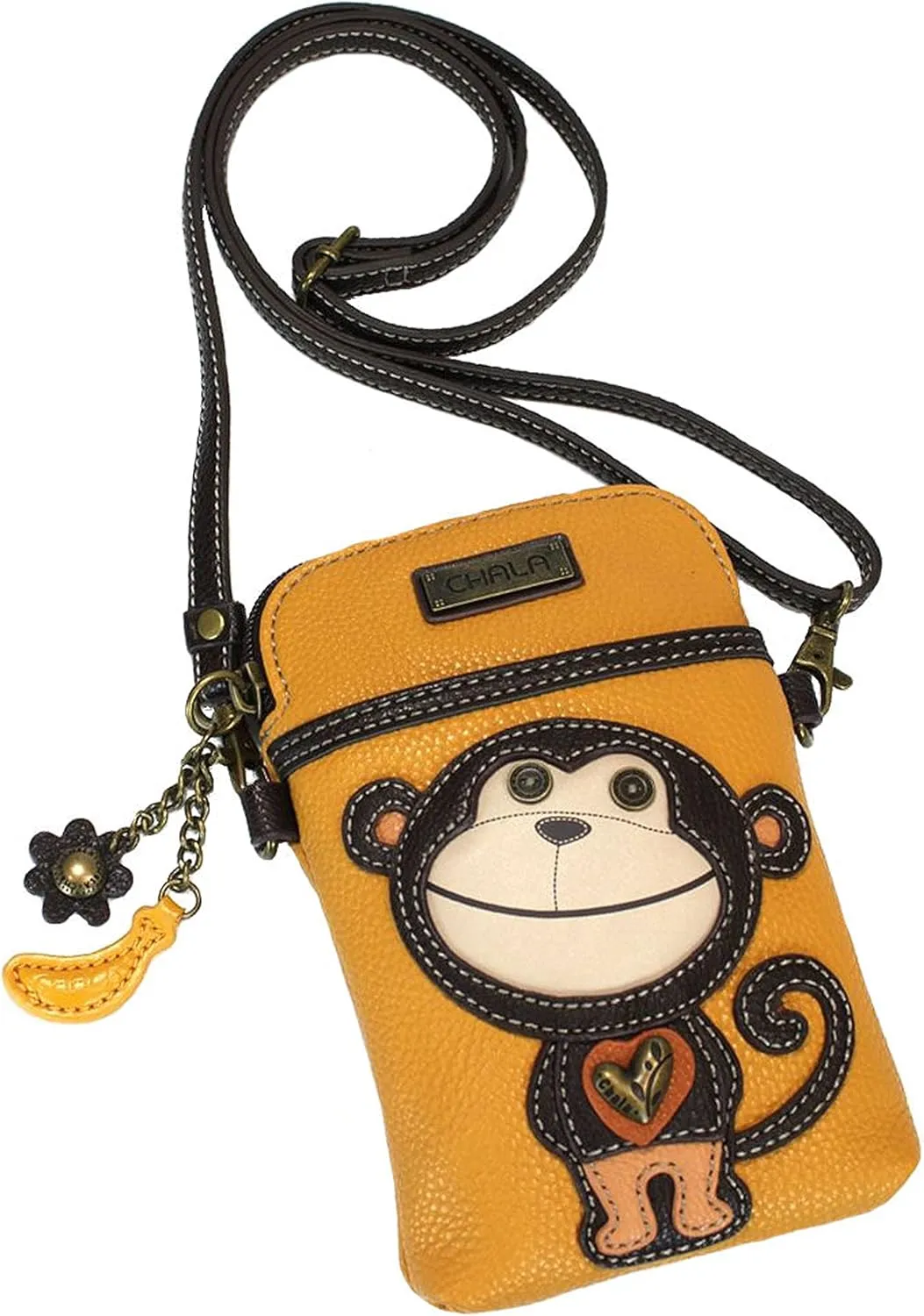 Chala Group Monkey Cellphone Crossbody Handbag - Convertible Strap, Yellow, 5" x 7.5" x 1"