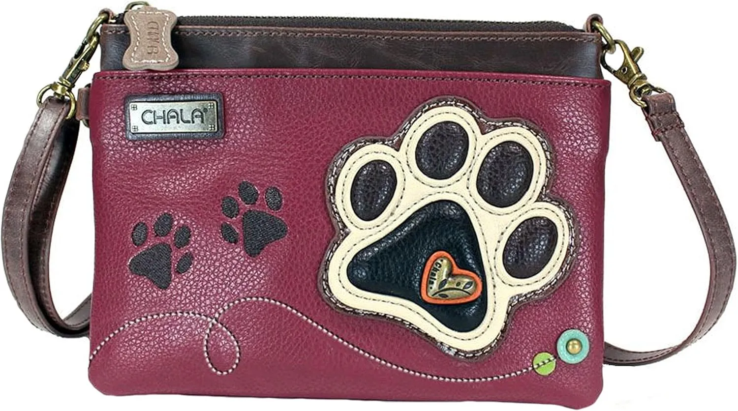 Chala Paw Print Mini Crossbody Handbag Dog Lovers Convertible Straps Dog Mom (Ivory Paw/Maroon)