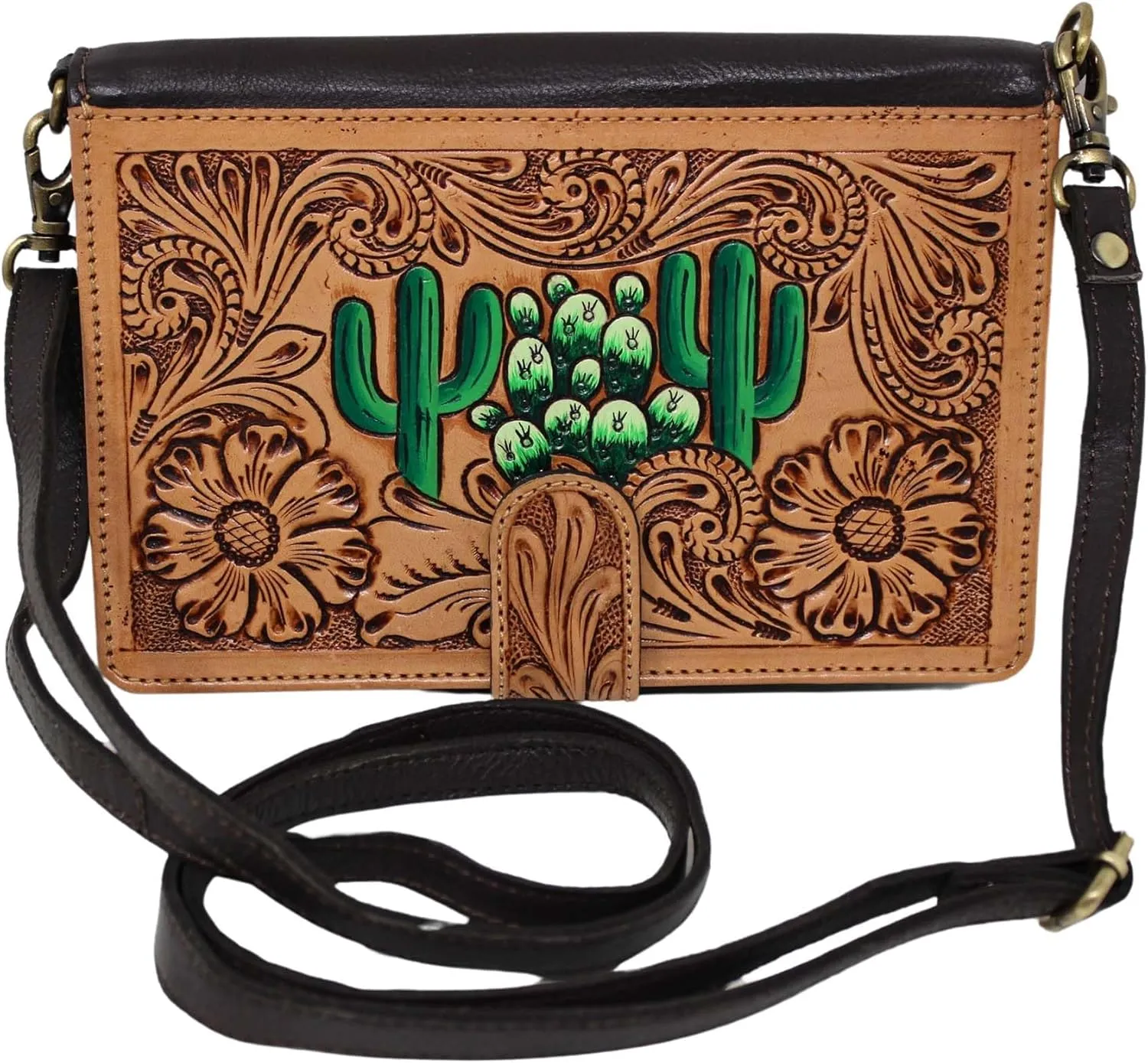 CHALLENGER Women's Western Cactus Floral Tooled Pebbled Leather Wallet Crossbody Bag 18RSH22 18RSH22