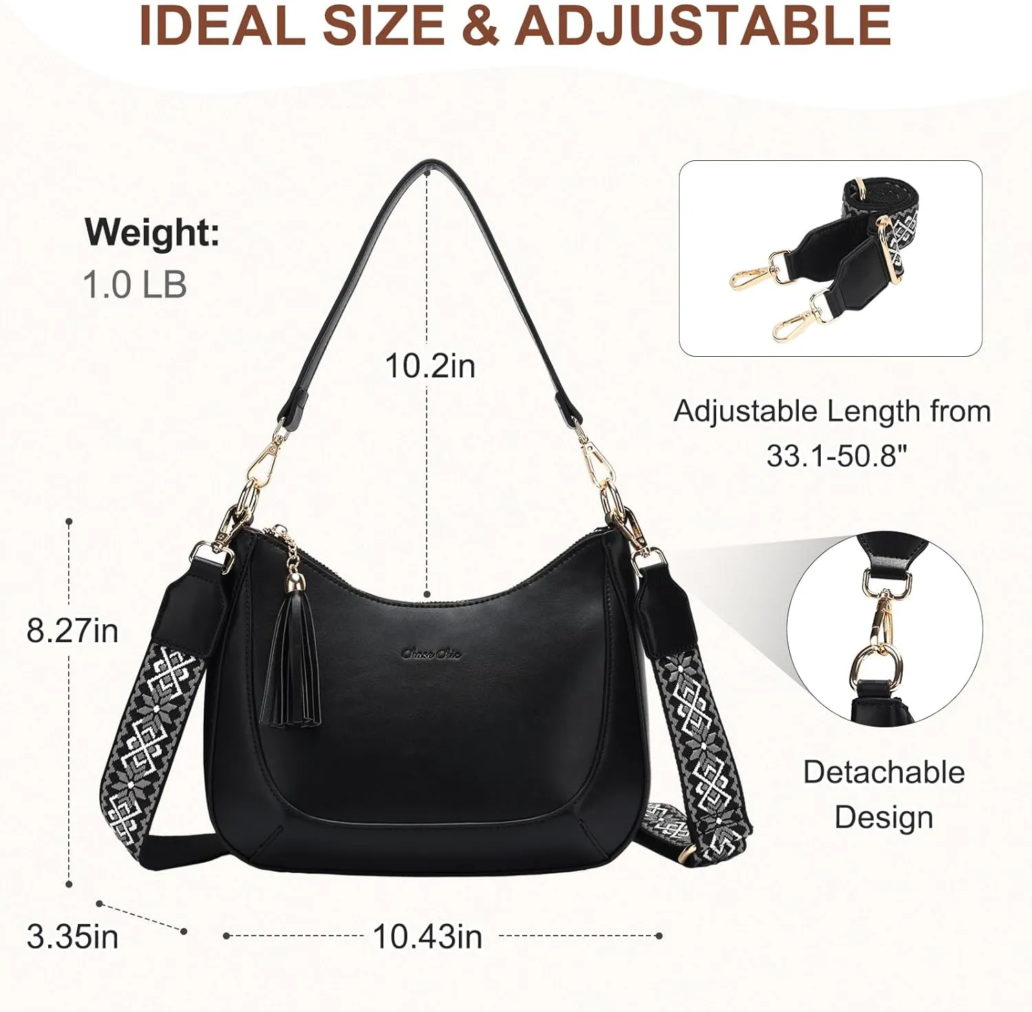 Chase Chic Crossbody Purse for Women, Small Vegan Leather Shoulder Bag Ladies Crescent Handbags with Detachable Strap