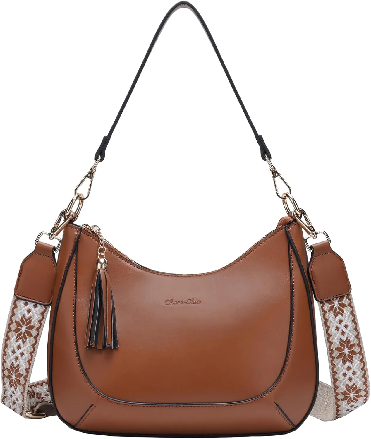 Chase Chic Crossbody Purse for Women, Small Vegan Leather Shoulder Bag Ladies Crescent Handbags with Detachable Strap