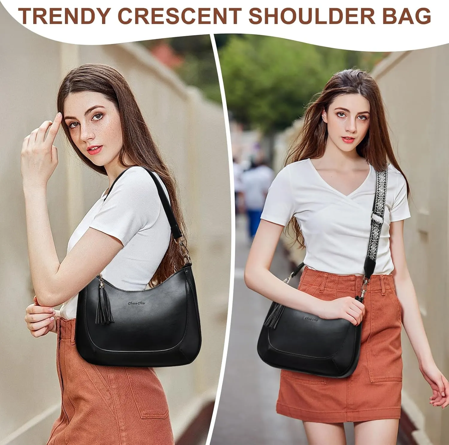 Chase Chic Crossbody Purse for Women, Small Vegan Leather Shoulder Bag Ladies Crescent Handbags with Detachable Strap