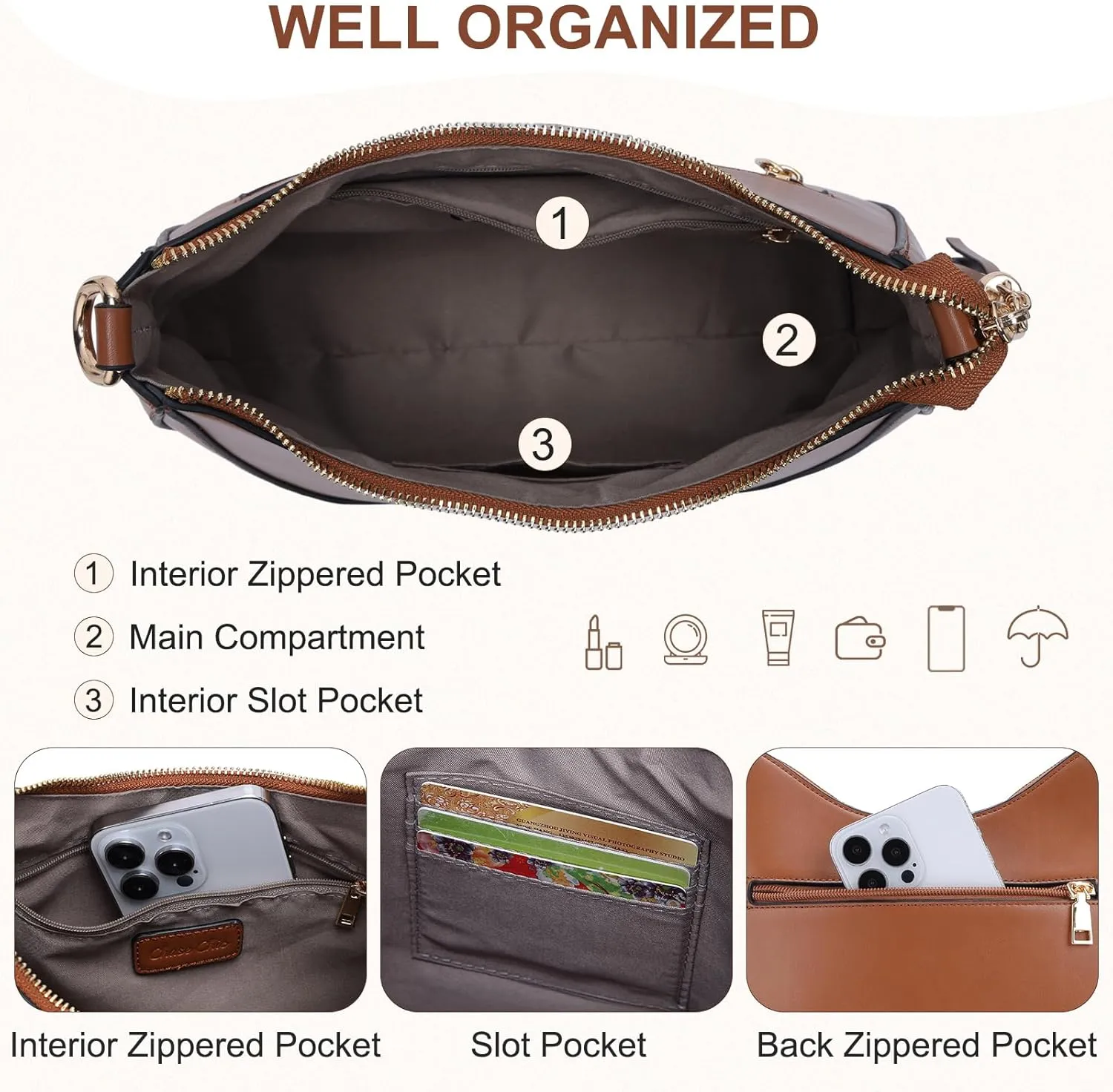 Chase Chic Crossbody Purse for Women, Small Vegan Leather Shoulder Bag Ladies Crescent Handbags with Detachable Strap
