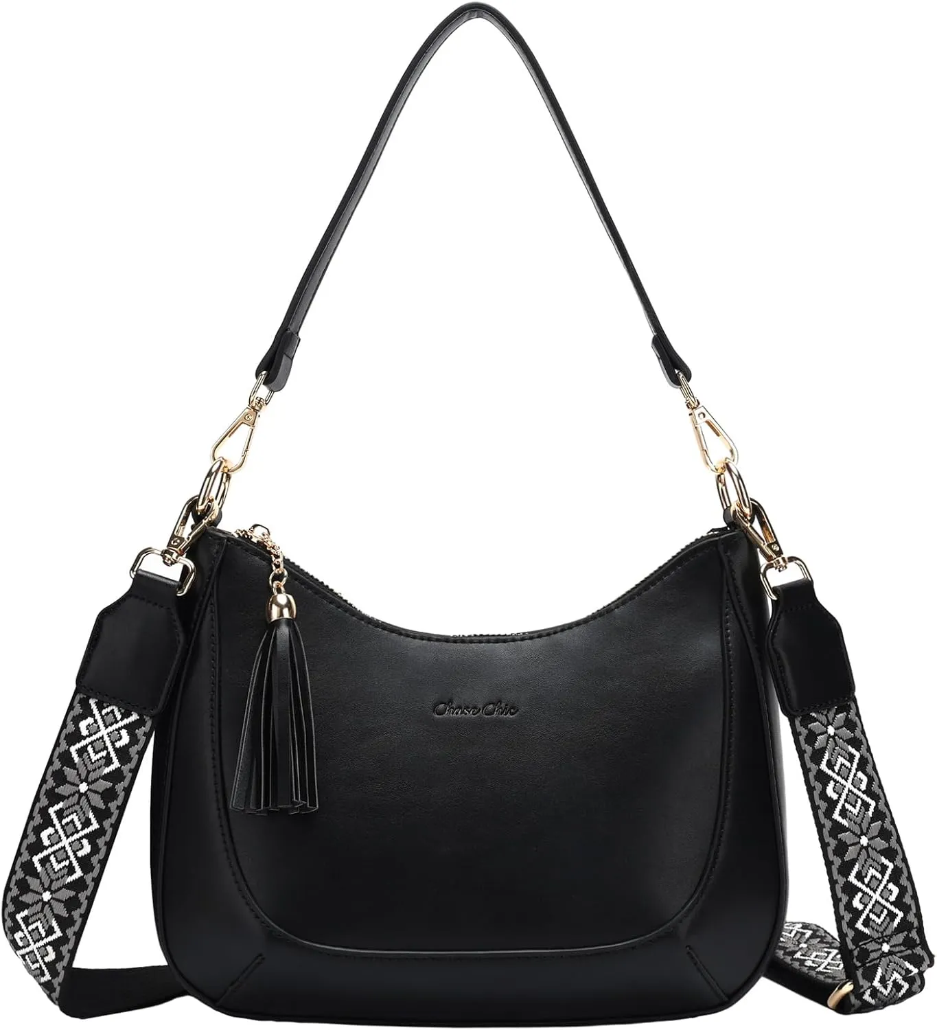 Chase Chic Crossbody Purse for Women, Small Vegan Leather Shoulder Bag Ladies Crescent Handbags with Detachable Strap