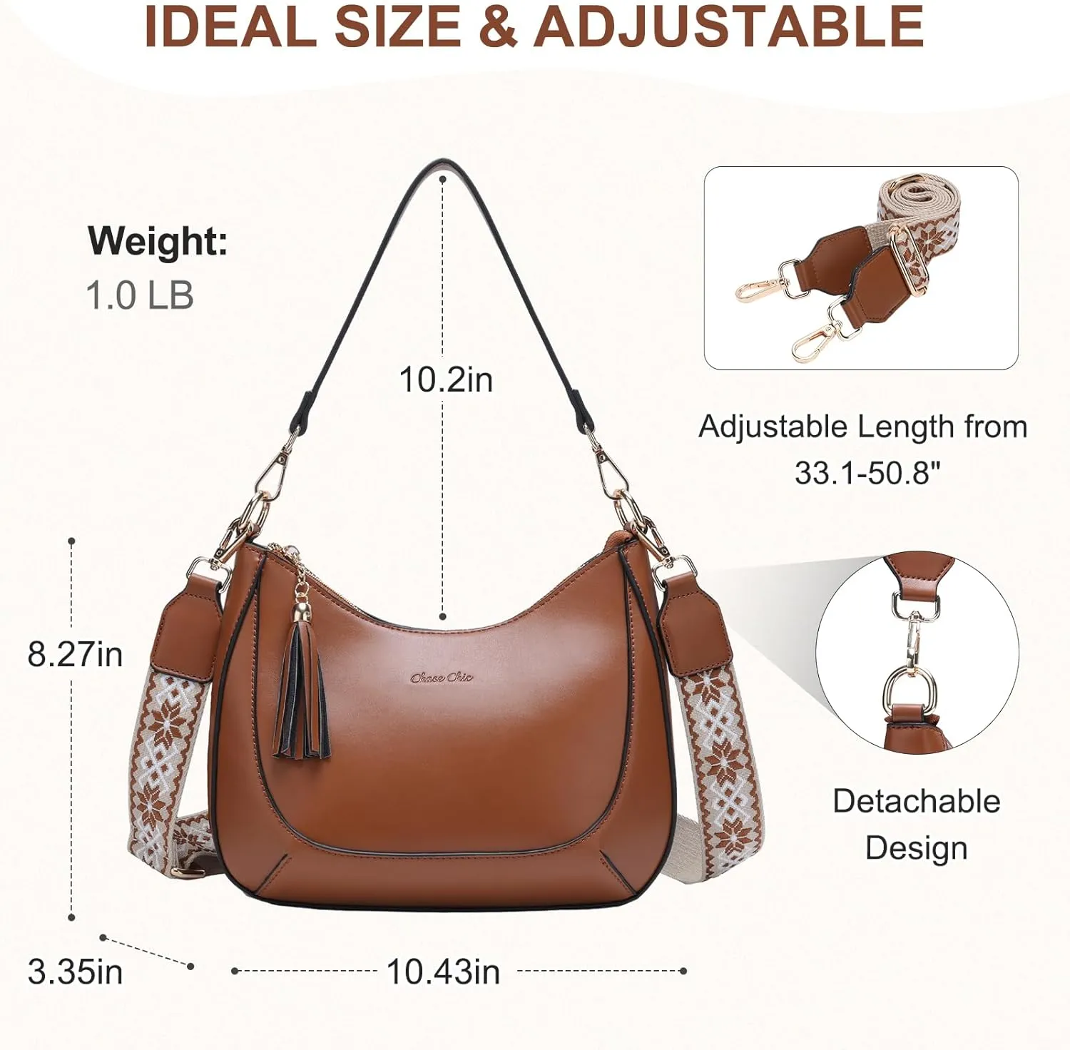 Chase Chic Crossbody Purse for Women, Small Vegan Leather Shoulder Bag Ladies Crescent Handbags with Detachable Strap
